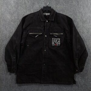 Vintage PG Sport Jacket Mens Large Black Denim Biker Zip Pockets Embroidered